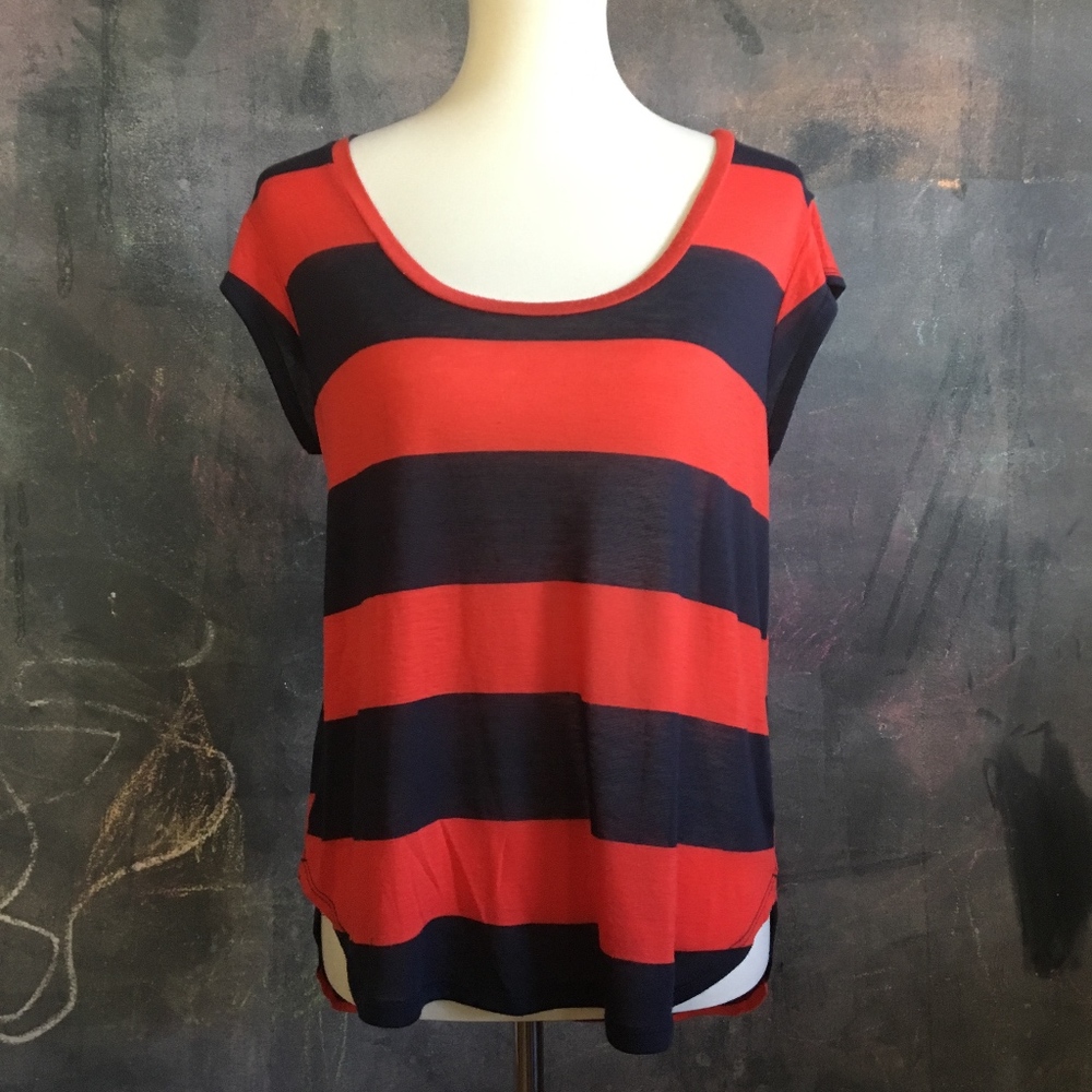 Brass Plum Scoop Neck Red & Navy Striped Tee